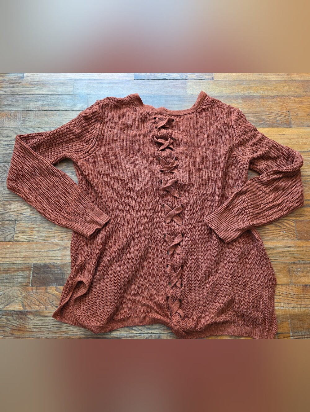 Open-Front Lace-Up Knit Cardigan - Rust - Picture 2 of 5